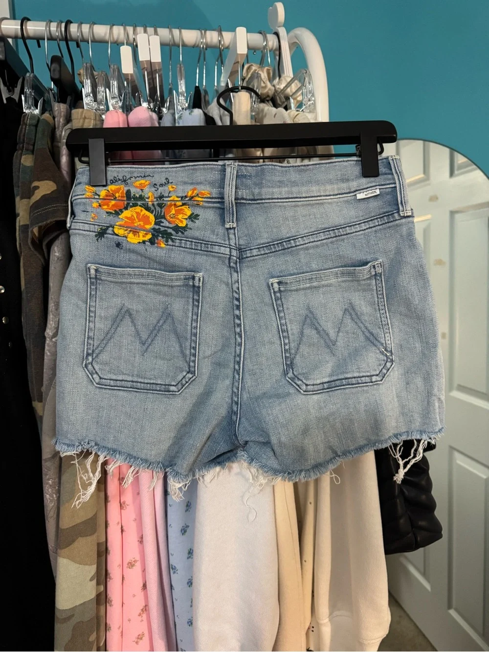 Floral Light Blue Denim Frayed Hem Women’s Shorts floral